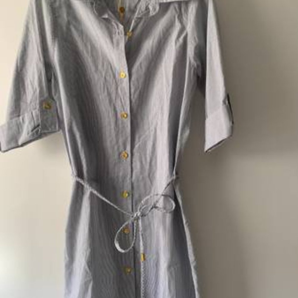 NWT Helen Jon Size Small Blue/White Marine Striped Button Shirt Dress